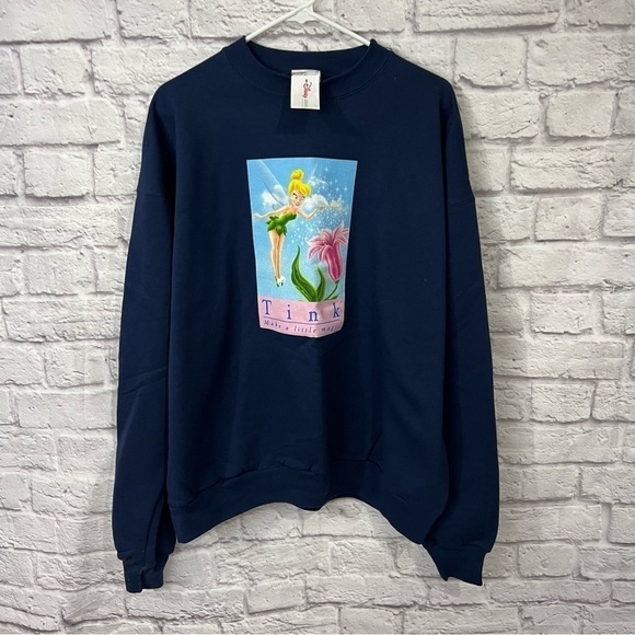 Vintage Disney Store XL Navy Blue Tinkerbell Graphic Crew Neck Sweatshirt NWT - Picture 1 of 6